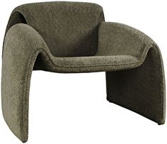 an upholstered chair with a curved back and foot rest, in grey fabric