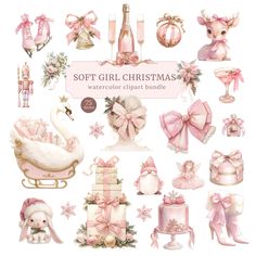 soft girl christmas watercolor clipart bundle with pink bows, gifts and other items