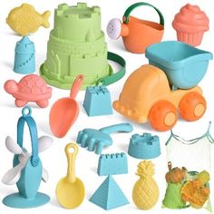 a collection of play toys such as sand, shovels and other items are shown