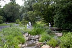 two people walking across a bridge over a small creek in the middle of a park