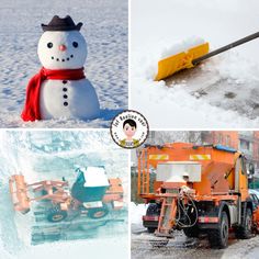 there are four different pictures with snowmen in the middle and one has a shovel