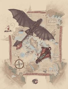 a drawing of a bat flying over a map with other things on the ground around it