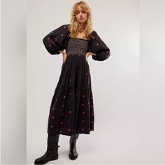 Nwot Free People Dahlia Embroidered Maxi Dress- So Pretty And Femme, This Maxi Dress Is Featured In A Longline Tiered Silhouette For The Perfect, Effortless Look. The Fit: Fitted Smocked Bust With A Flowy Skirt And Billowing, Puffy Sleeves The Features: 3d Embroidered Flowers, Tiered A-Line Skirt; Textured Fabric Why We It: Perfect For Brunch, Special Occasions, And More Fit Note: This Dress Features A Fitted Bodice, For Larger Busts, We Suggest Sizing Up For A Comfortable Fit. Care/Import Machi Free People Dahlia Dress, Bohemian Fall Outfits, Dahlia Dress, Easter Dresses For Toddlers, Patterned Midi Dress, Free People Maxi Dress, Embroidered Maxi Dress, Maxi Slip Dress, Easter Dress