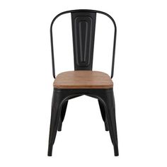 the back of a black metal chair with wood seat and backrest, against a white background