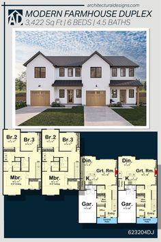 two story house plan with three car garages in the front and one bedroom on the back