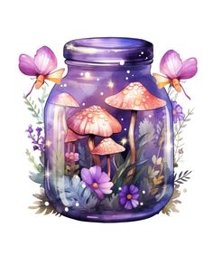 a jar filled with mushrooms and flowers on top of a white background, surrounded by butterflies