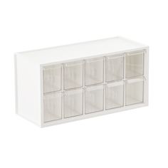 a white storage unit with six bins