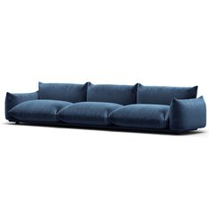 a blue couch with pillows on the back and arms, in front of a white background