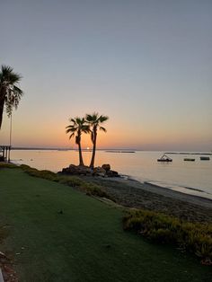 two palm trees on the side of a beach at sunset with boats in the water