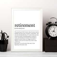 an image of a framed print with the words retirement on it next to some office supplies