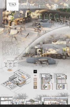 an architectural drawing shows the interior and exterior of a restaurant with tables, chairs, and other