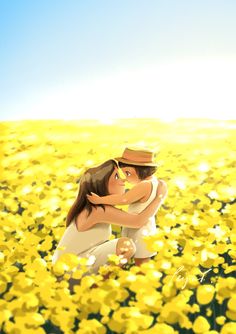 a woman kneeling in a field of yellow flowers with a hat on her head looking at the sky