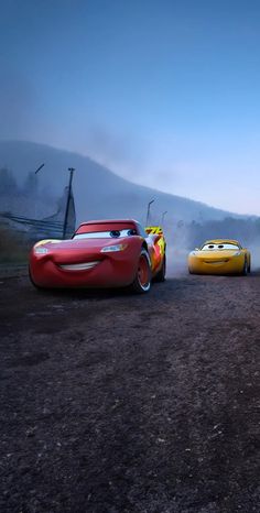 the cars from disney pixars are racing in front of each other