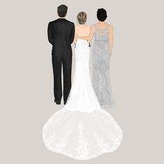 the back of two people in wedding dresses looking at each other and one person wearing a tuxedo