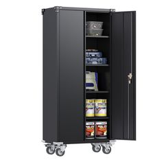 a black storage cabinet with wheels and shelves