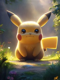 a pikachu sitting in the middle of a forest