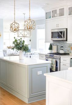 a kitchen with white cabinets and an island that has a potted plant on it