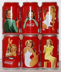 six coca - cola cans are stacked on top of each other, with images of women in bathing suits