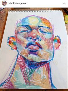 a drawing of a man's face with colored pencils on paper next to markers