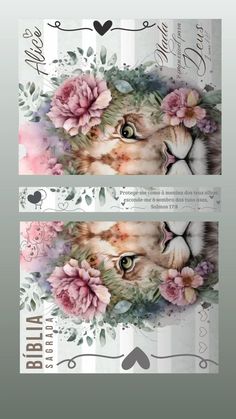 two banners with cats and flowers in the middle, one has an image of a cat's face on it