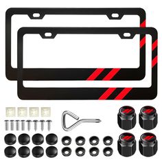 black and red license plate frame kit with screws, nuts, bolts and washers