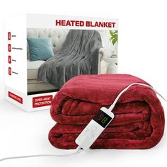 the heated blanket is on display in front of a box with an appliance plugged into it