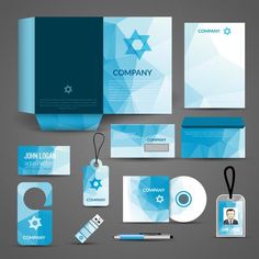 a set of corporate identity cards and business stationery with blue geometric shapes, including the star of david