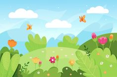 an illustration of flowers and butterflies flying in the sky over a green field with trees