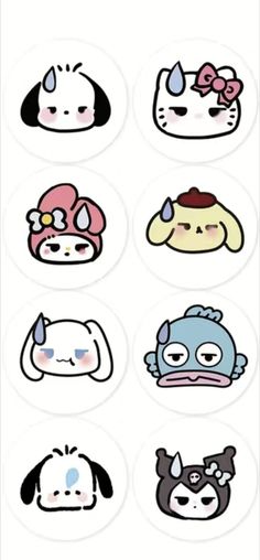 stickers with different types of cartoon characters on them, including cats and dog faces