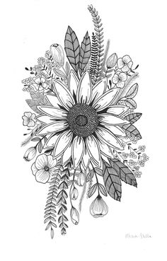 a black and white drawing of a sunflower with leaves, flowers and acorns