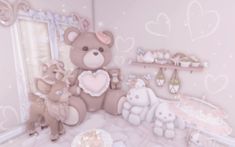 there is a teddy bear and other stuffed animals in the room with pink wallpaper