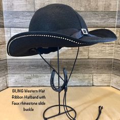 "Add a BIT-O-BLING to your RodeAppleHats Each hat is custom made to order - nothing in stock or ready to ship. This is a faux rhinestone trim that is sewn on the under side of the brim. Adult brim 4\"+/- is standard; Petite/Youth brim 3.5\" Hatband options: 1) Ribbon with faux rhinestone slide buckle 2) Faux rhinestone ribbon Many other felt colors available Please leave note if you would like a different colored ribbon for the hatband. The hats attach to your helmet using a visor pocket on the Western Helmet, Horse Equipment, Diy Halter, Beer Birthday, Rhinestone Slides, Under Side, Rhinestone Ribbon, Cowgirl Outfit, Helmet Hat