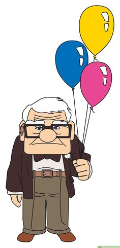 an old man holding three balloons in his hand