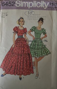 Misses dress in two lengths and cummerbund : the dress with ruffled skirt gathered to bodice at normal waist line has back zipper, lowered round, neckline and short, puff sleeves, gathered with elastic casings, forming a self ruffle. Skirt length and trim variations are available. Copyright 1974 Size 12 Bust 34 Waist 26 1/2 Hips 36 This pattern has been cut and gently used, all the pattern pieces are accounted for and the instructions are included. The envelope has discoloration, curling, and sm Ruffle Dress Sewing Pattern, Prairie Dress Pattern, Puff Sleeve Dress Pattern, Style Dress Patterns, Vintage Evening Gowns, 60s And 70s Fashion, Kawaii Diy, Sleepover Ideas, 20th Century Fashion