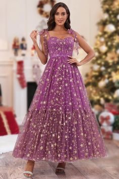 A-Line/Princess Spaghetti Straps Long Christmas Dresses with Ruffles Dresses With Ruffles, Fabric Star, Dress A Line, Princess Dress, Purple Color