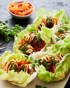 lettuce wraps filled with meatballs and vegetables