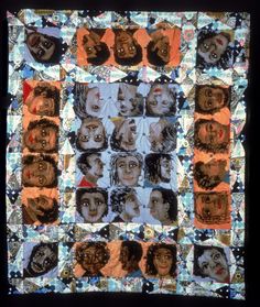 a quilt made to look like the faces of many people in different ages and sizes