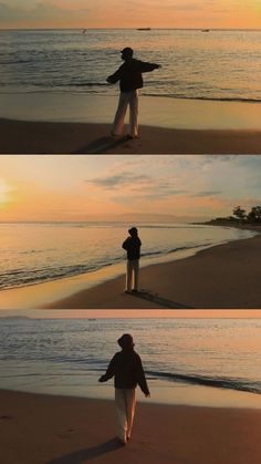 three different shots of a man walking on the beach with his arms out in front of him