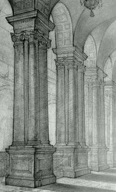 a drawing of an old building with columns