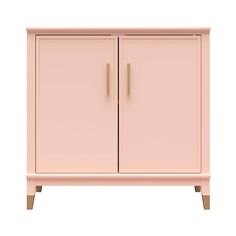 a pink cabinet with two doors on the front