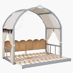 a bed with a canopy over it and curtains on the top side, in front of a white background