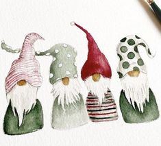 three gnomes painted in watercolor on white paper