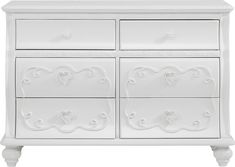 a white dresser with ornate carvings on the drawers