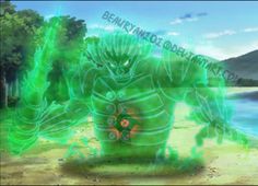 an animated image of a green man on the beach with trees and water in the background