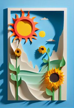 paper cut sunflowers and mountains against a blue background