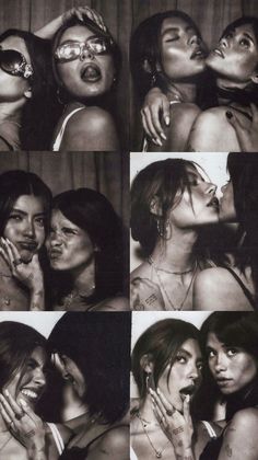 black and white photo collage of two women kissing each other with glasses on their faces