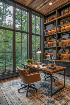 a home office with large windows and wooden shelves