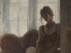 a painting of a woman sitting on a couch in front of a window with curtains