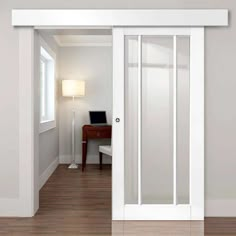 an open sliding door in a white room