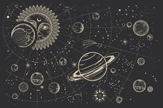 the solar system with planets and sun in space, hand drawn illustration on blackboard